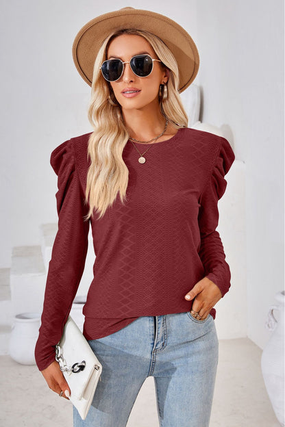 Round Neck Puff Sleeve Blouse Burgundy