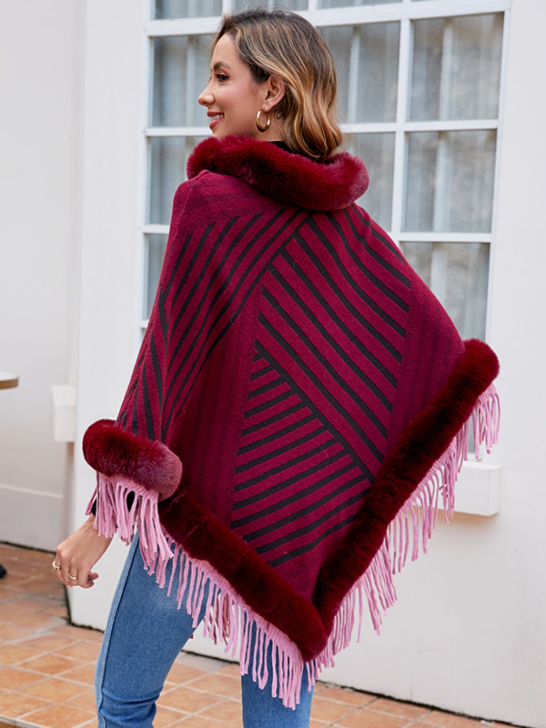 Striped Fringe Hem Poncho - Thandynie