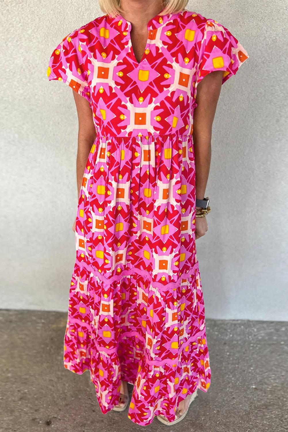 Strawberry Pink Geo Print V-neck Maxi Dress Strawberry Pink 100%Polyester