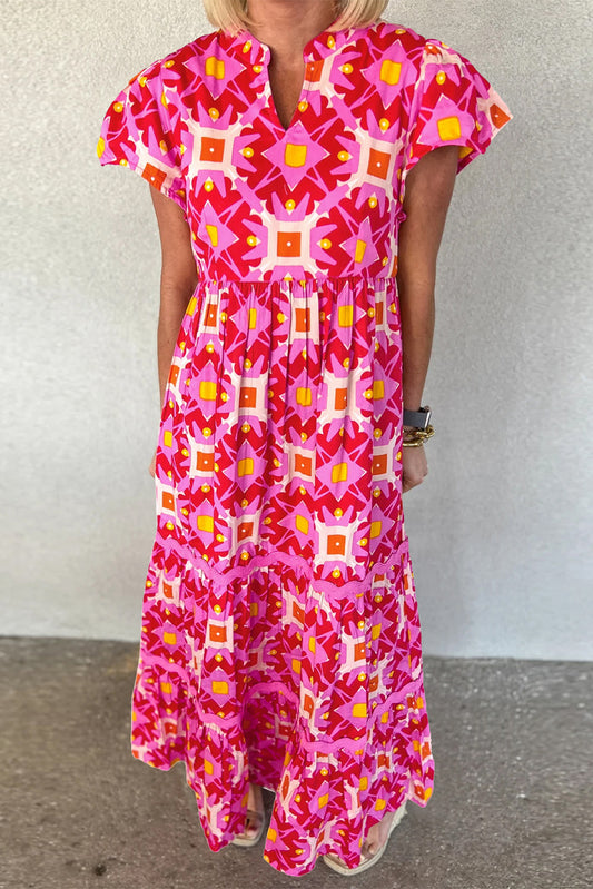 Strawberry Pink Geo Print V-neck Maxi Dress Strawberry Pink 100%Polyester