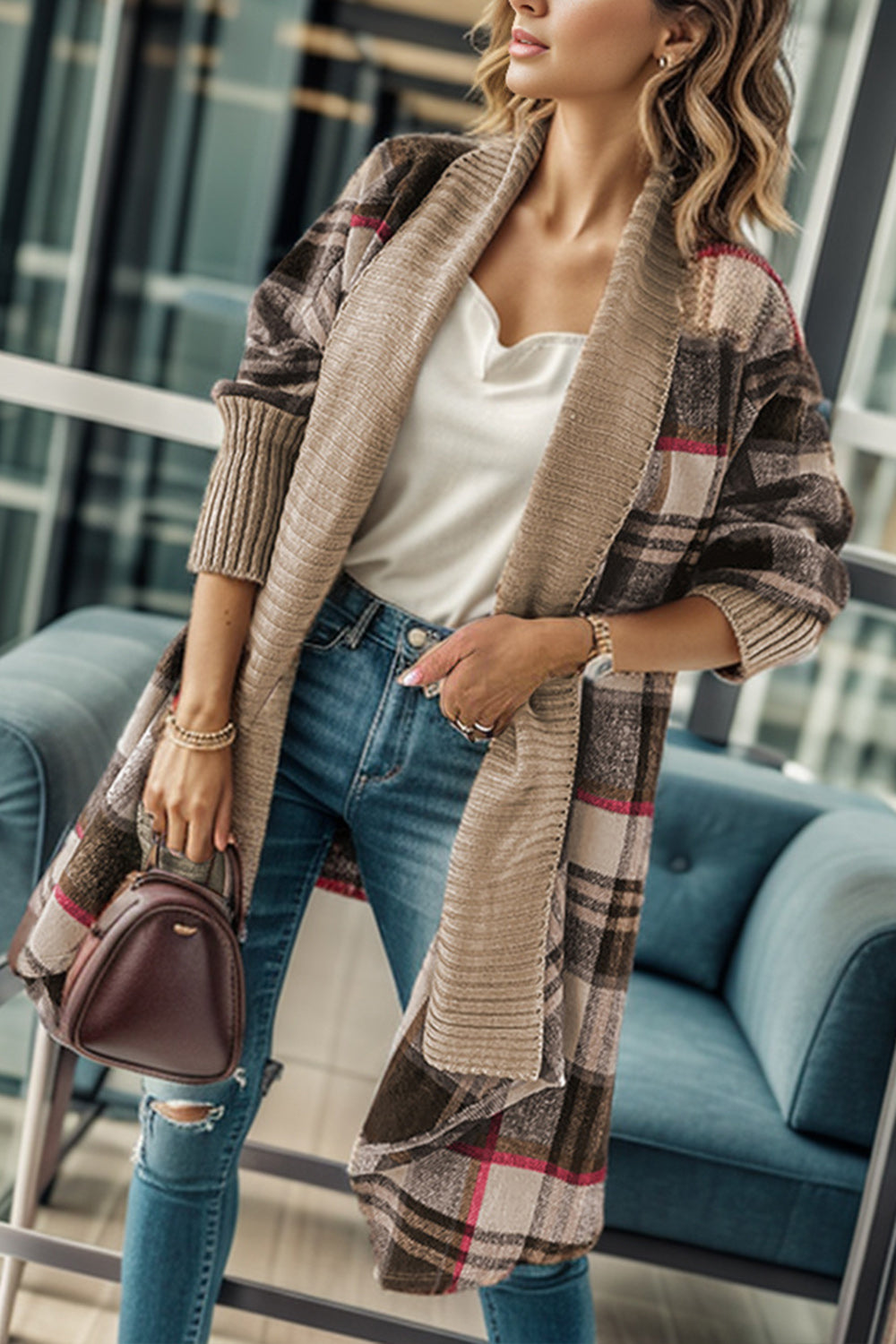 Plaid Open Front Long Sleeve Cardigan Tan