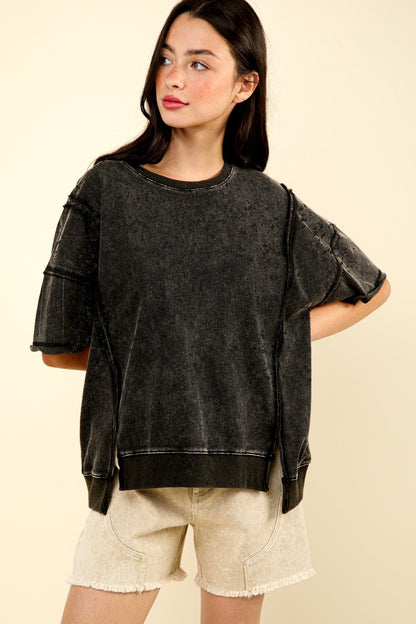 VERY J Round Neck Exposed Seam Slit T-Shirt Black