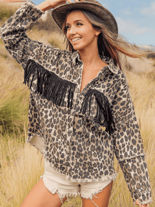 Leopard Fringe Detail Collared Neck Denim Jacket Leopard