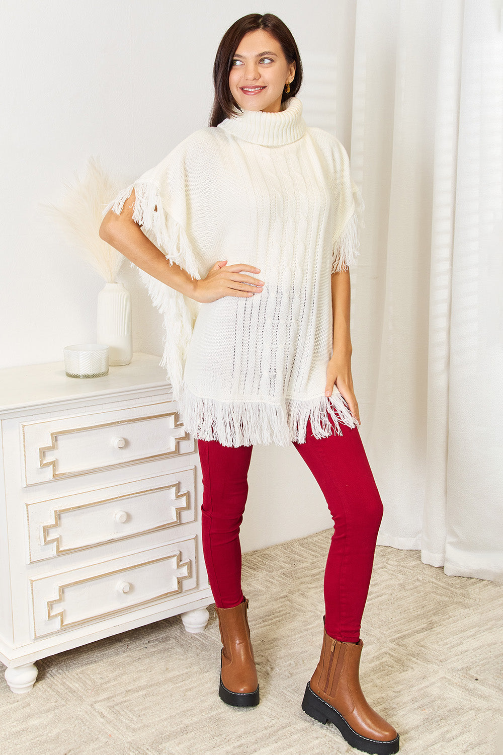 Justin Taylor Turtle Neck Fringe Poncho - Thandynie