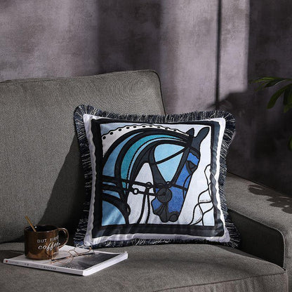 Double-sided Printed Fringe Pillow Sofa Cushion Portrait blue 45x45cm Excluding core