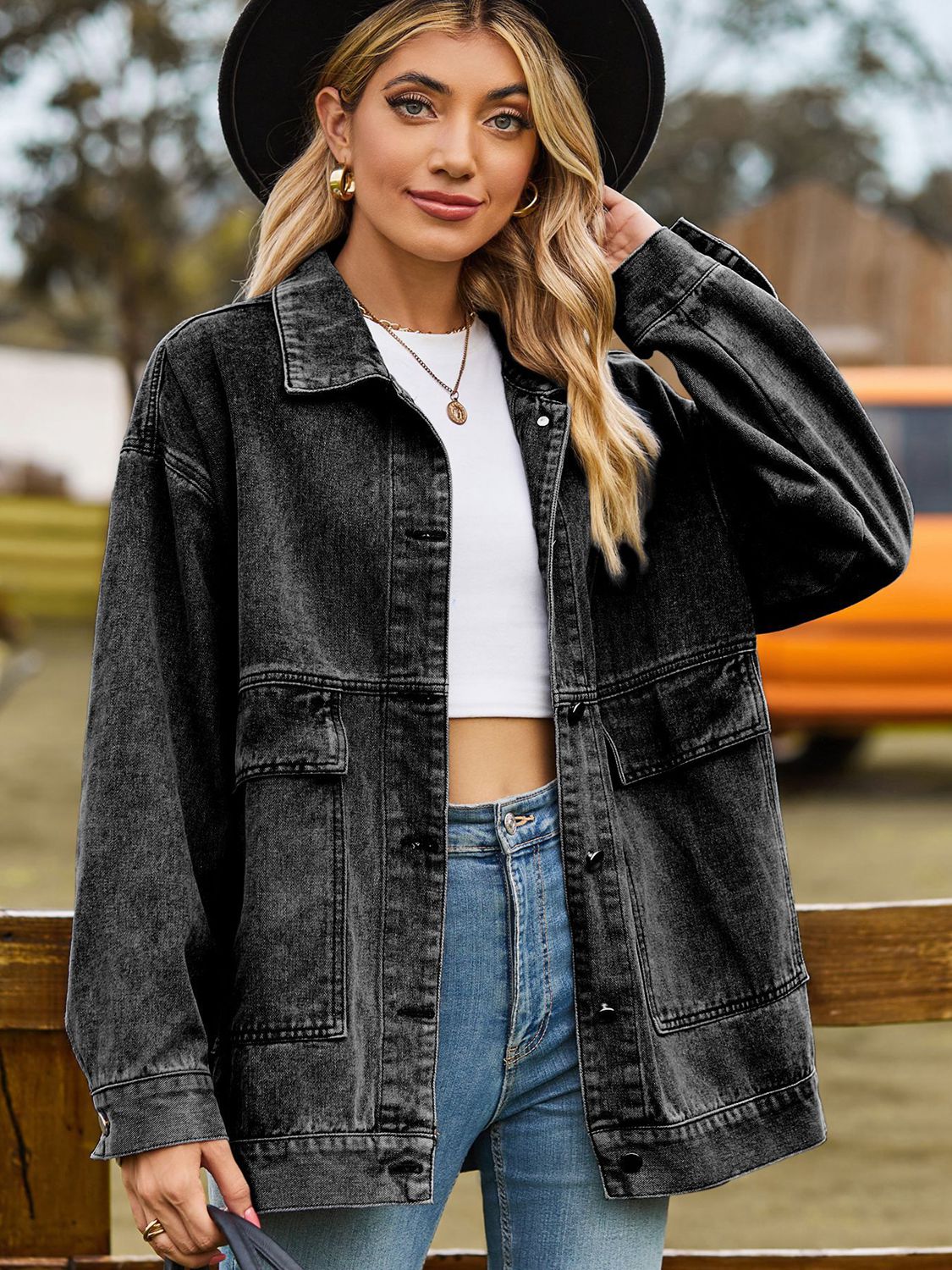 Dropped Shoulder Denim Jacket with Pockets Dark Gray