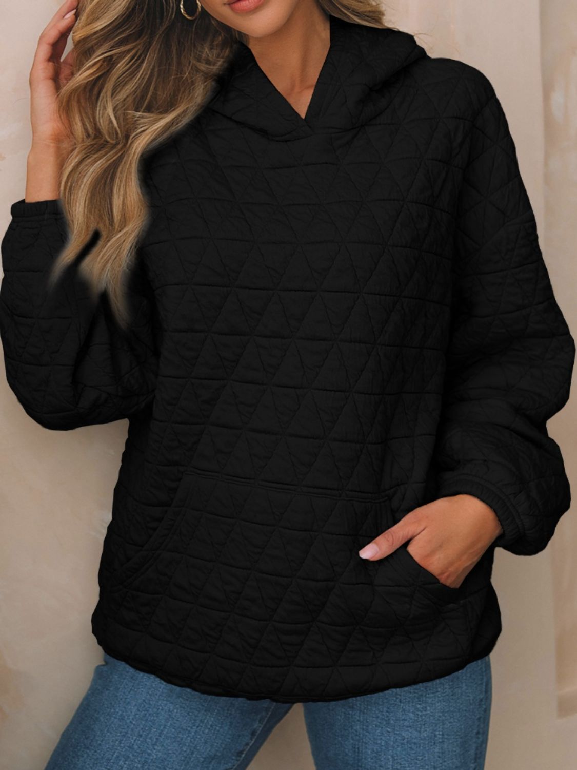 Textured Long Sleeve Hoodie with Pockets Black