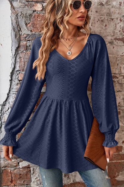 Peplum V-Neck Long Sleeve Blouse Dark Blue