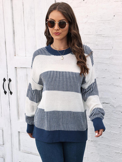 Full Size Round Neck Drop Shoulder Sweater Dusty Blue