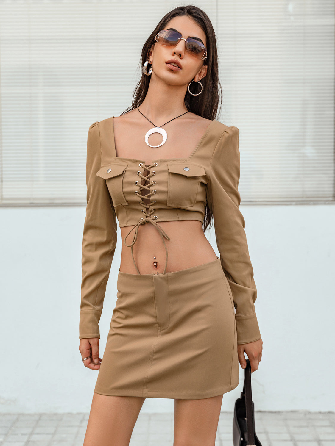 Lace-Up Cropped Top and Skirt Set - Thandynie