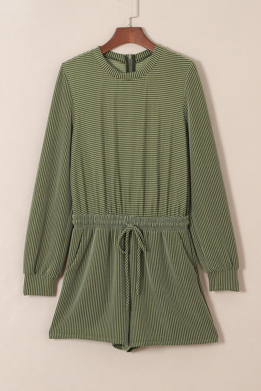 Jungle Green Corded Pullover Long Sleeve Drawstring Romper