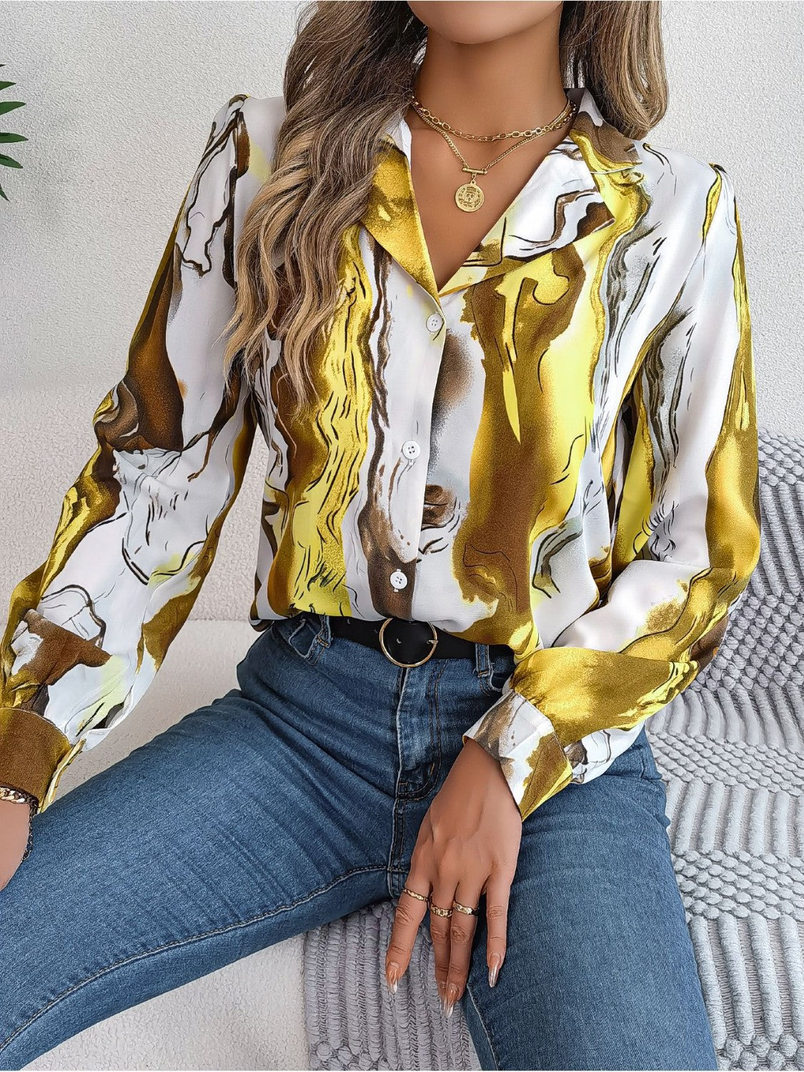 Printed Button Up Long Sleeve Shirt