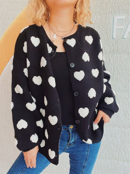 Heart Button Up Long Sleeve Cardigan Black One Size