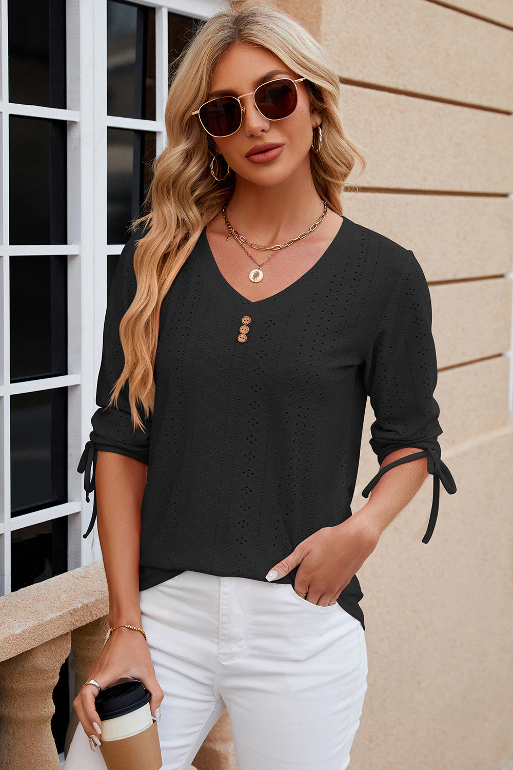 Eyelet Drawstring V-Neck Half Sleeve T-Shirt Black