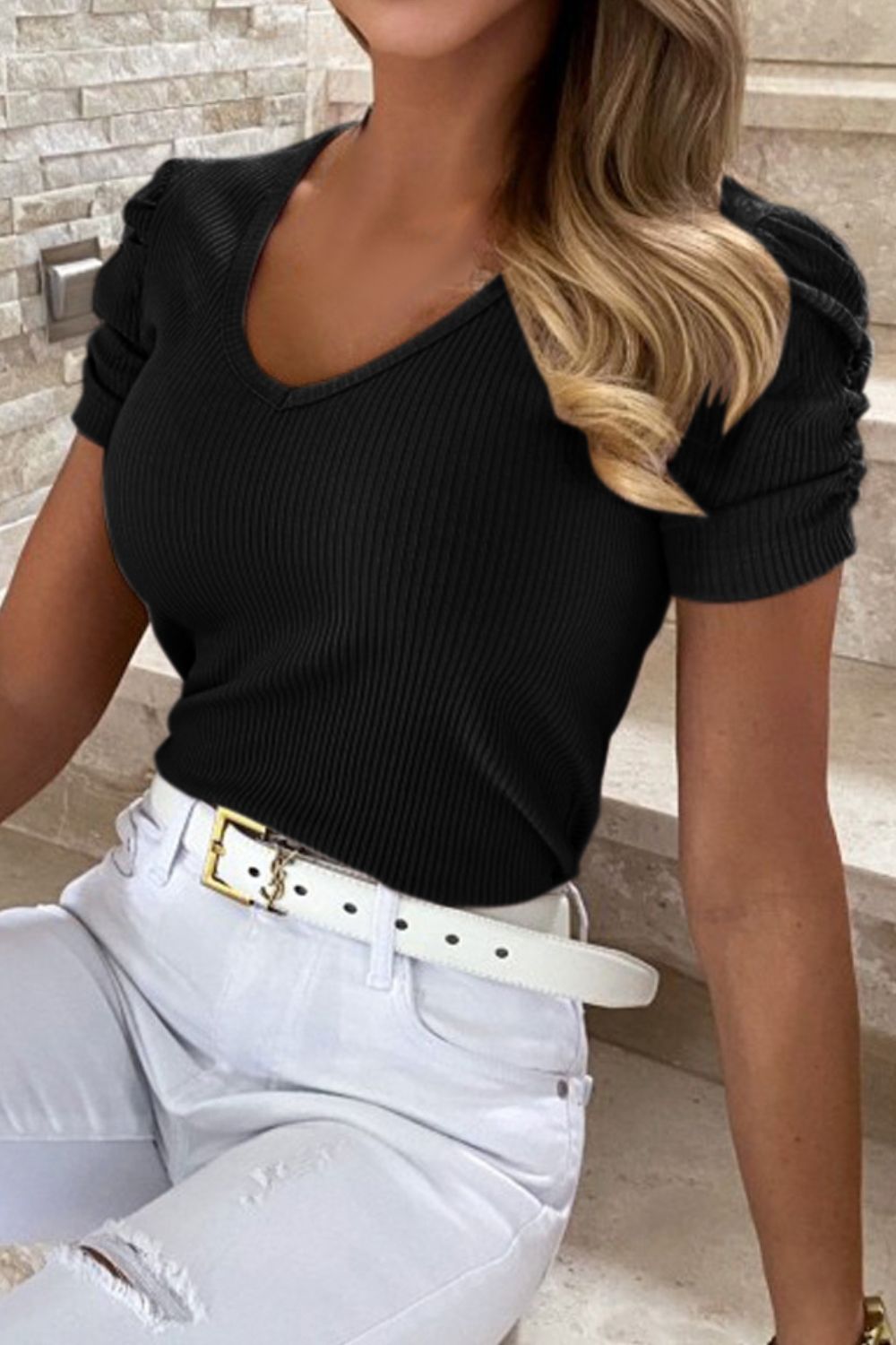 Puff Sleeve V-Neck Ribbed Top - Thandynie