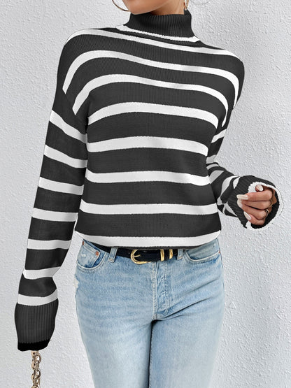 Striped Turtleneck Drop Shoulder Sweater Black