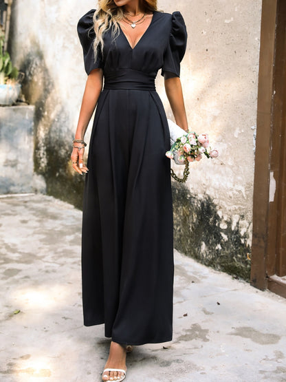 V-Neck Short Sleeve Wide Leg Jumpsuit Black