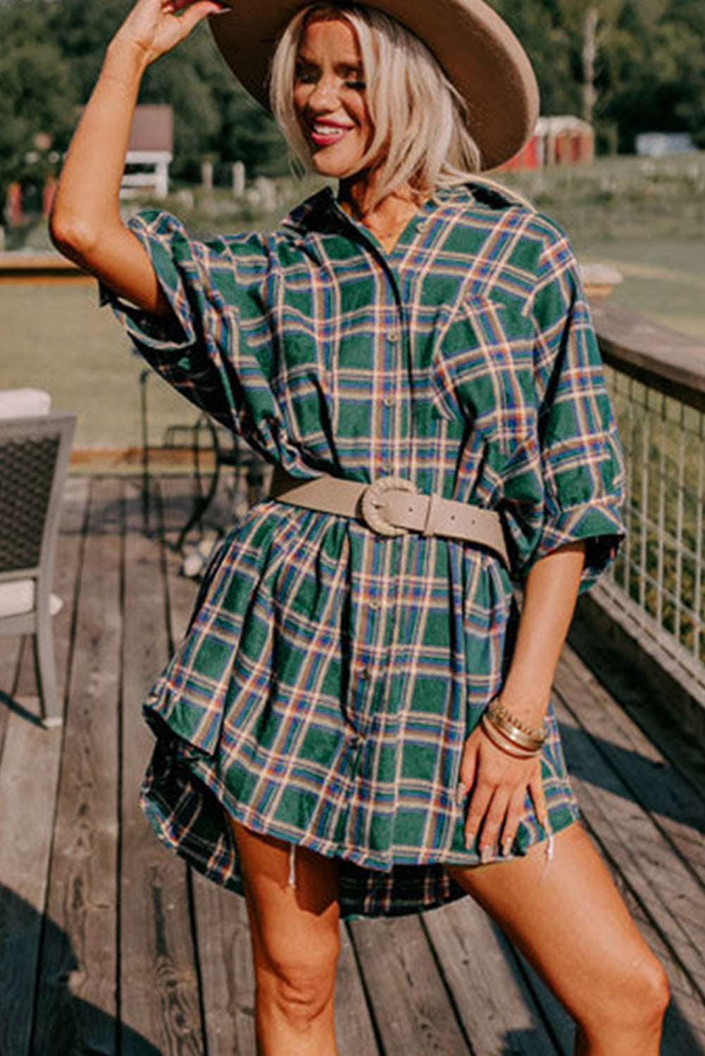 Green Oversized Plaid Half Sleeve Tunic Shirt