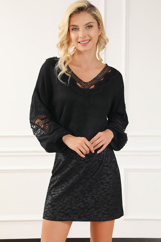 Openwork V-Neck Raglan Sleeve Sweater Black