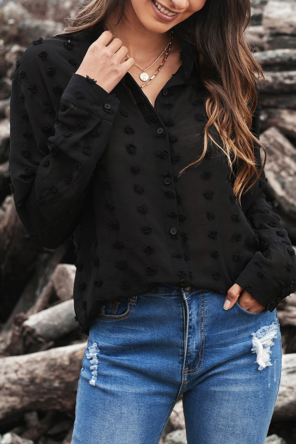 Swiss Dot Button Up Long Sleeve Shirt Black