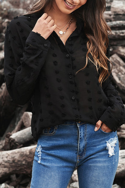 Swiss Dot Button Up Long Sleeve Shirt Black