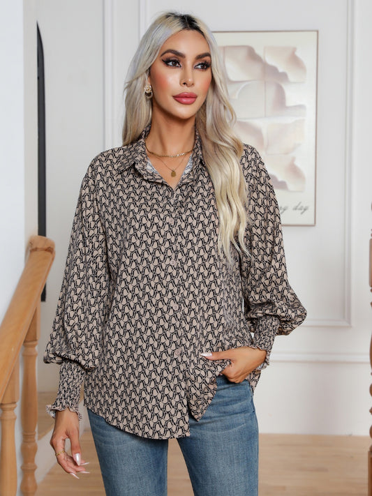Printed Collared Neck Buttoned Dropped Shouder Shirt Camel