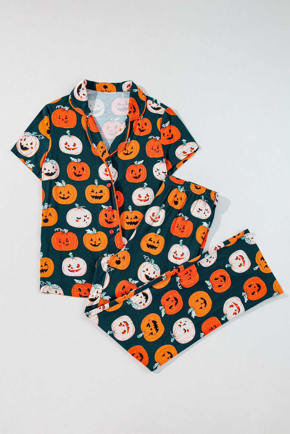 Orange Halloween Pattern Short Sleeve Shirt Pajama Set