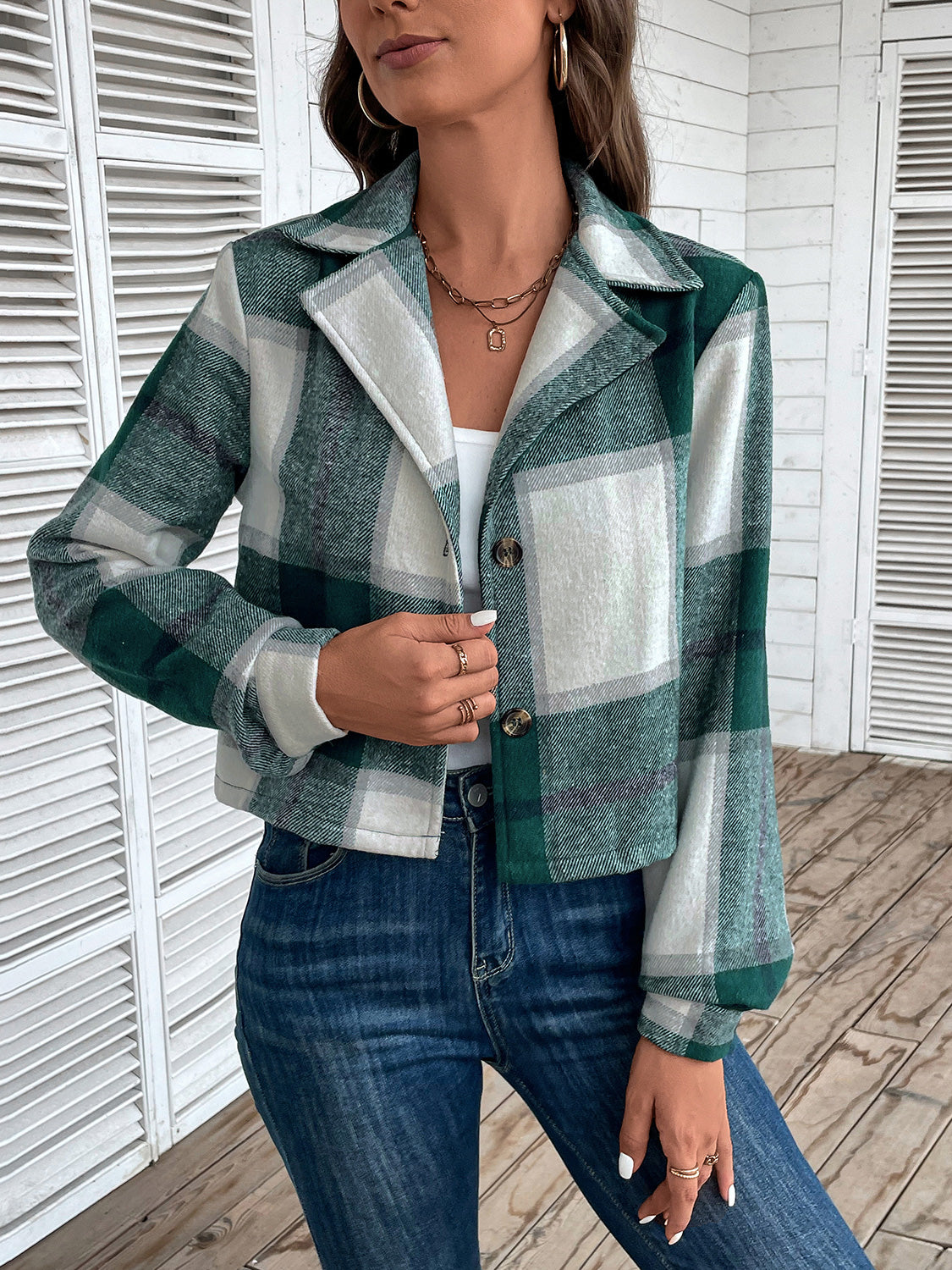 Plaid Collared Neck Button Up Long Sleeve Jacket