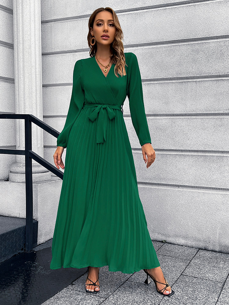 V-Neck Tie Waist Pleated Maxi Dress Dark Green