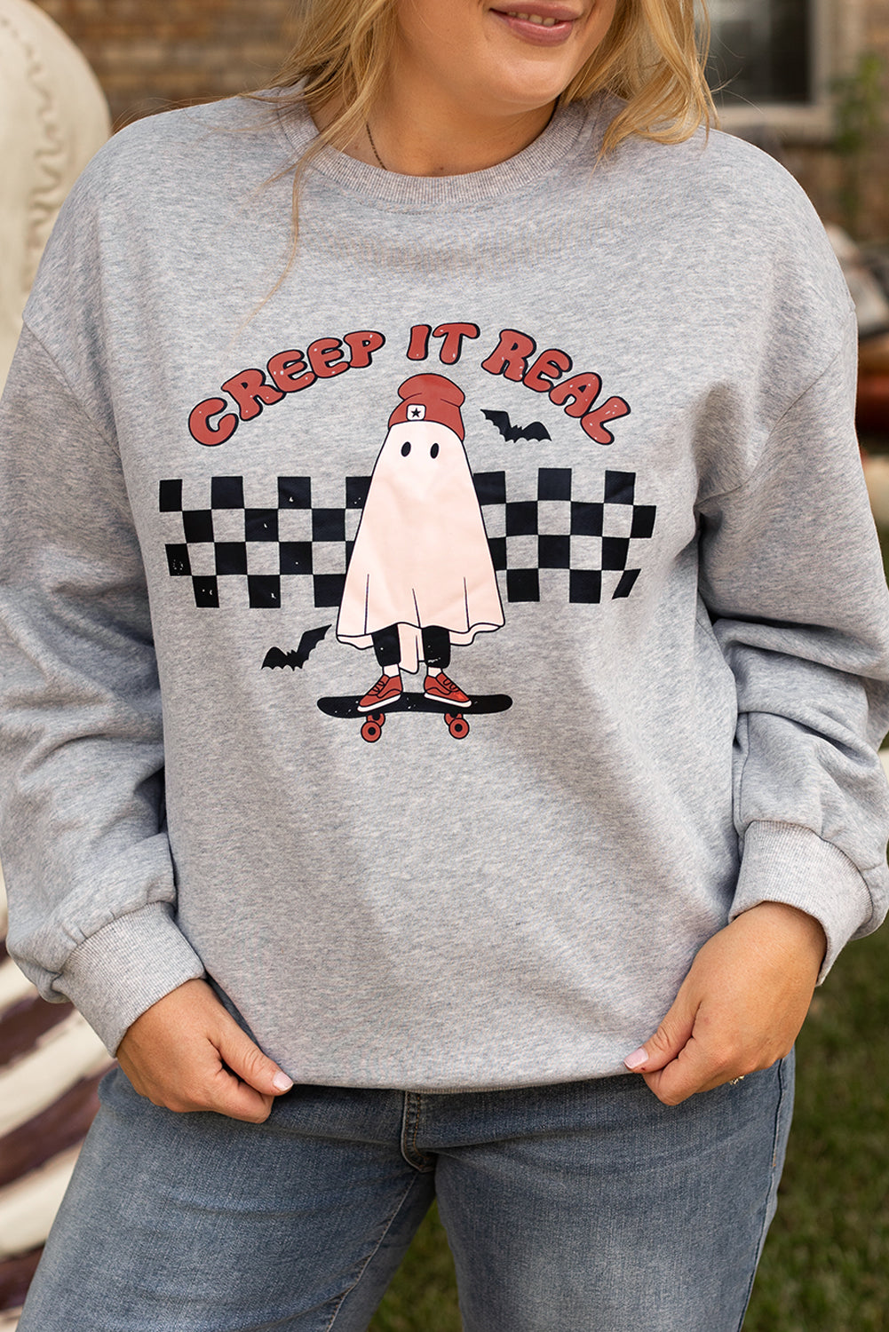 Light Grey Creep It Real Ghost Print Plus Size Sweatshirt