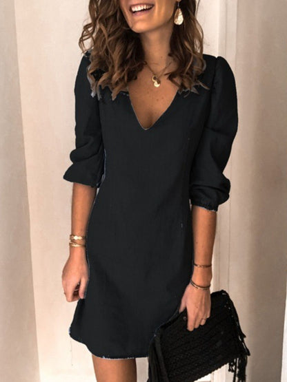 Full Size V-Neck Half Sleeve Dress Black