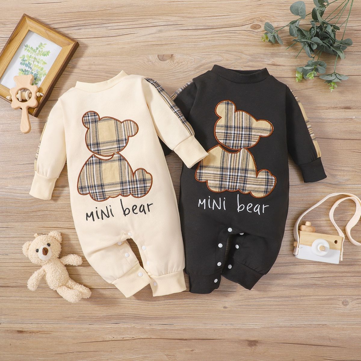 Plaid Patch Bear Long Sleeve Adjustable Overalls