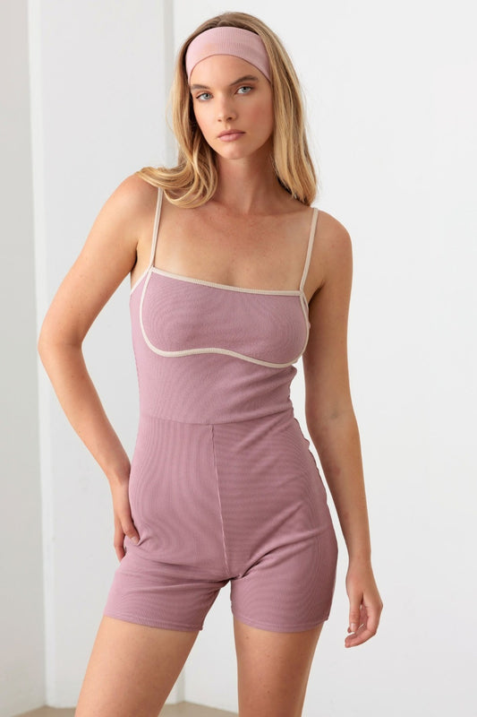 Le Lis Contrast Trim Ribbed Knit Bodycon Romper Mauve Cream