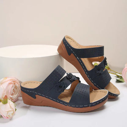 Flower PU Leather Wedge Sandals Dark Blue