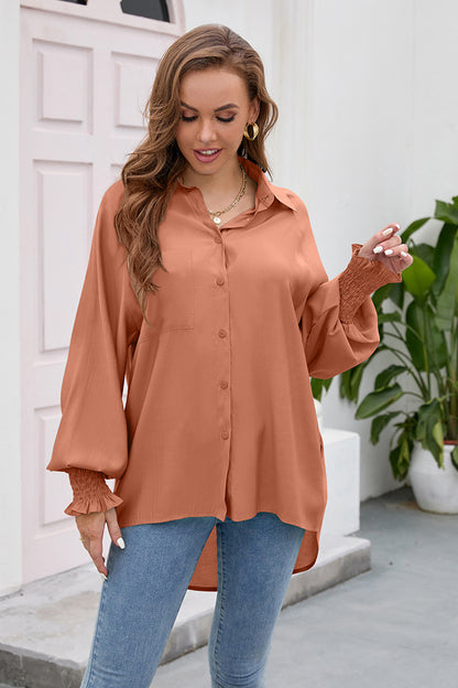 High-Low Collared Neck Lantern Sleeve Shirt Terracotta