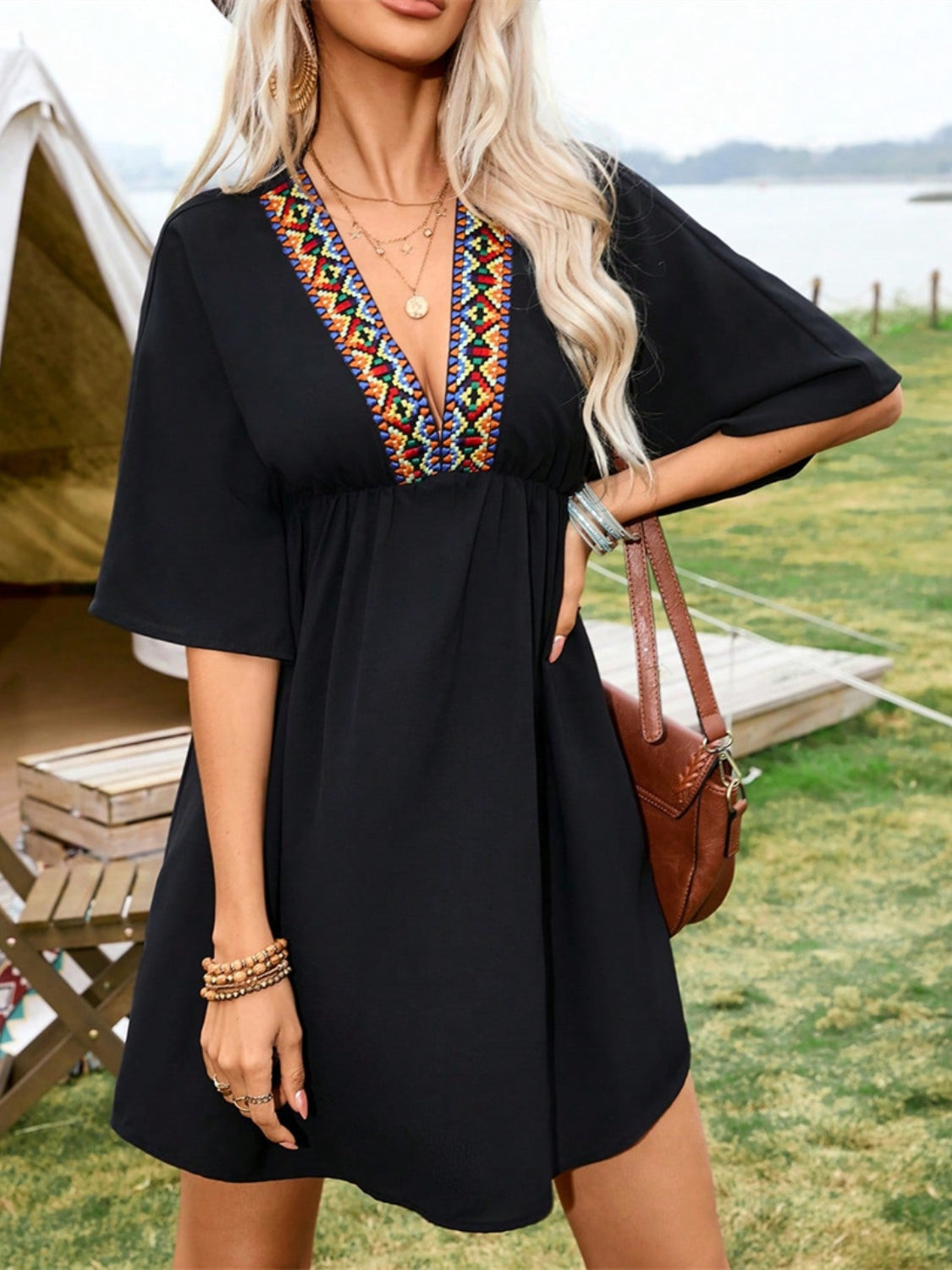 Embroidered Plunge Half Sleeve Mini Dress Black