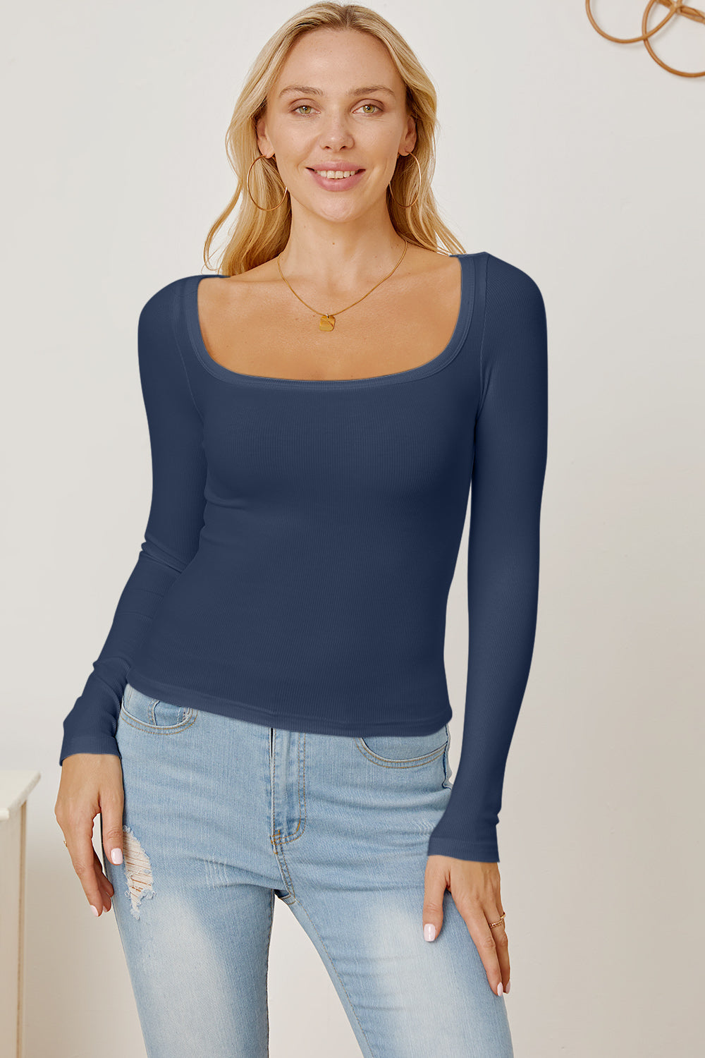 Square Neck Long Sleeve T-Shirt Dark Blue