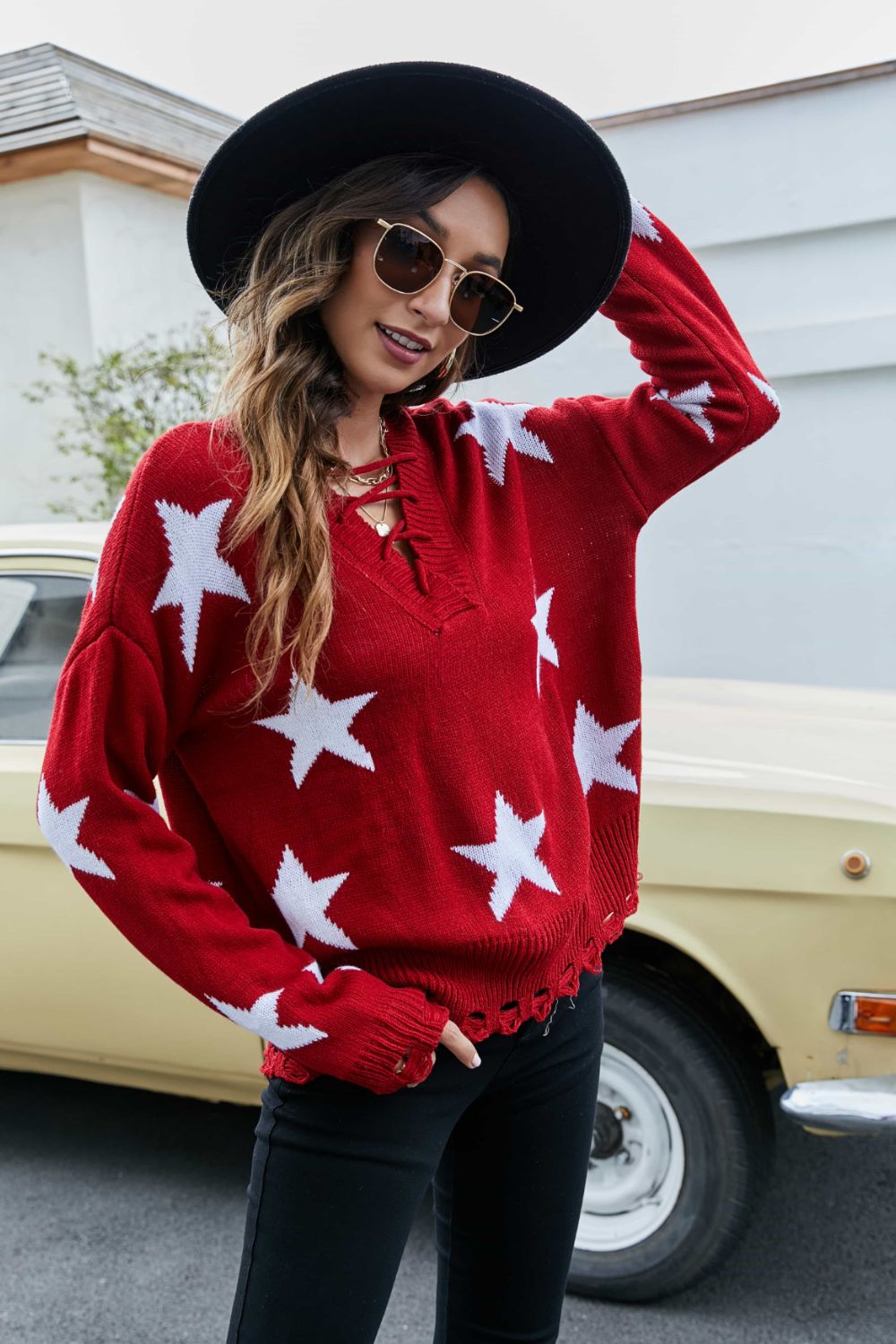 Star Pattern Lace-Up Drop Shoulder Sweater Red