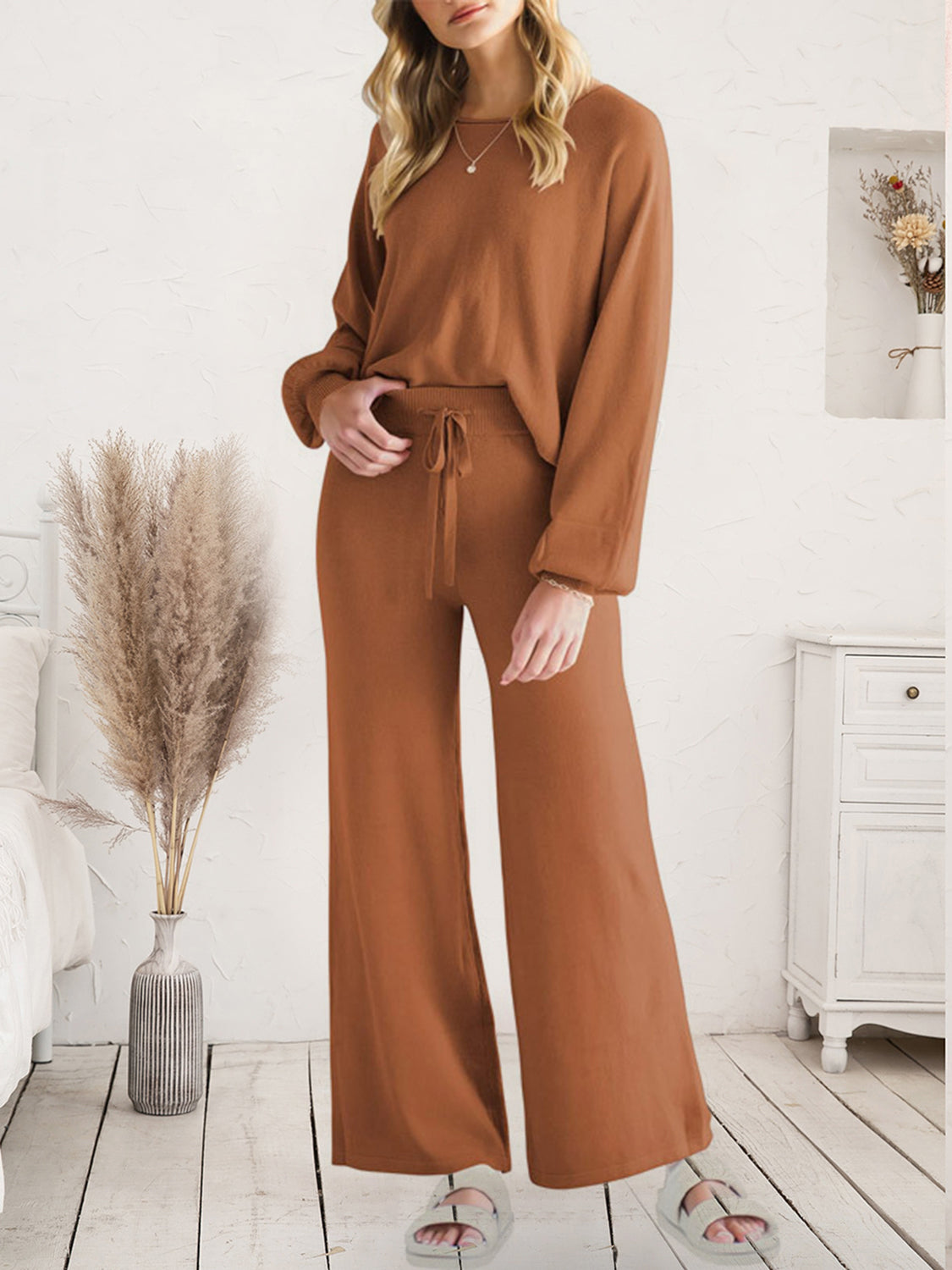 Long Sleeve Lounge Top and Drawstring Pants Set Caramel