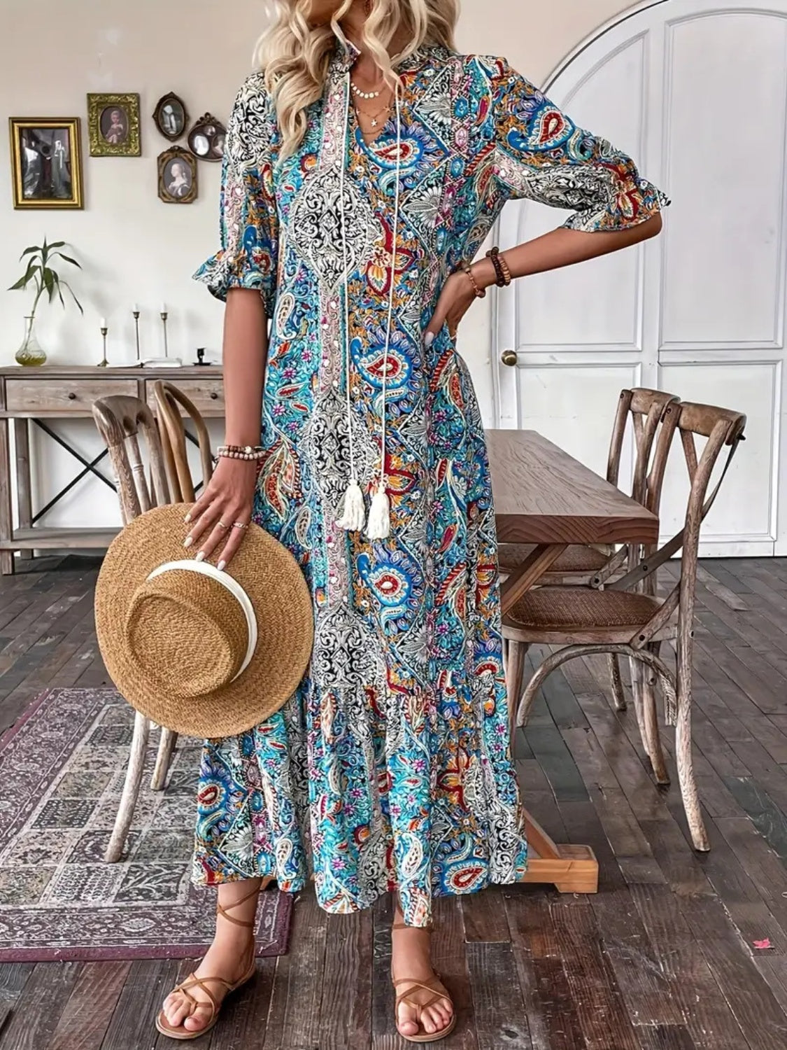 Printed Tie Neck Flounce Sleeve Midi Dress