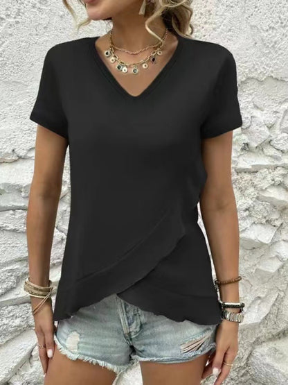 V-Neck Short Sleeve Blouse Black