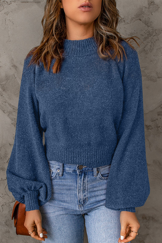 Ribbed Trim Balloon Sleeve Sweater Blue