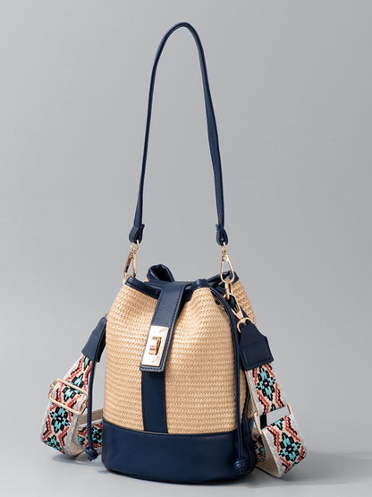 Straw Braided Adjustable Strap Bucket Bag Dark Blue One Size