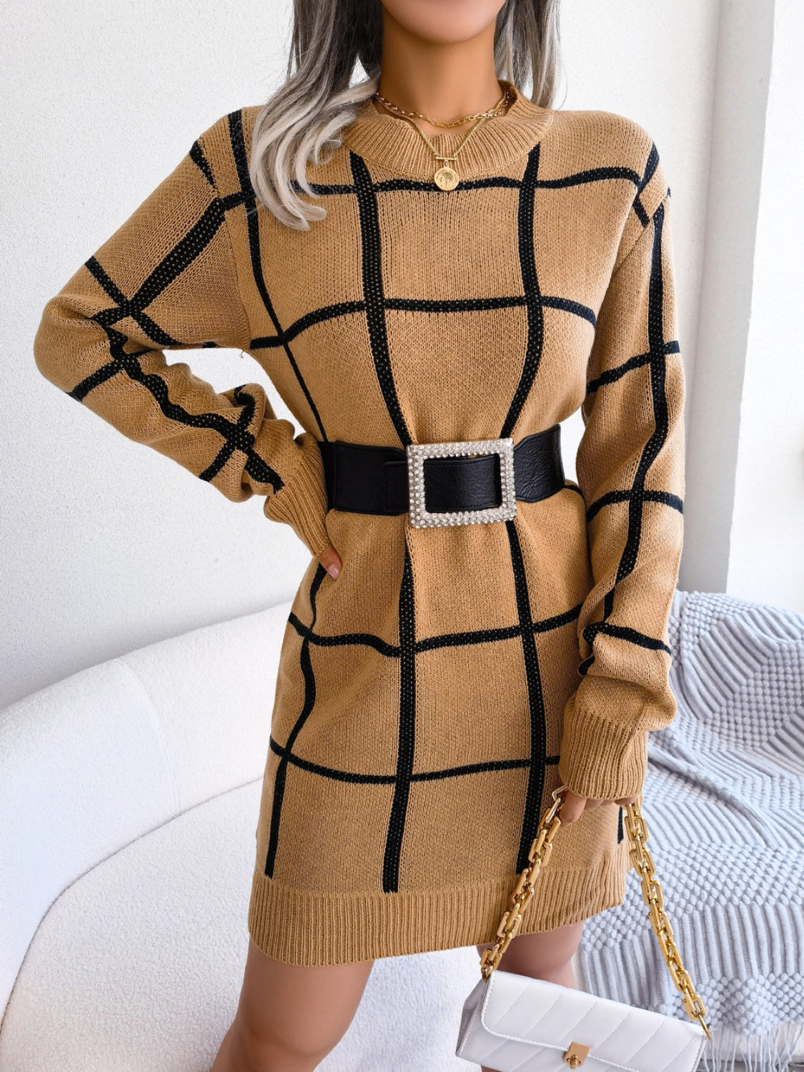 Plaid Round Neck Dropped Shoulder Sweater Dress Khaki