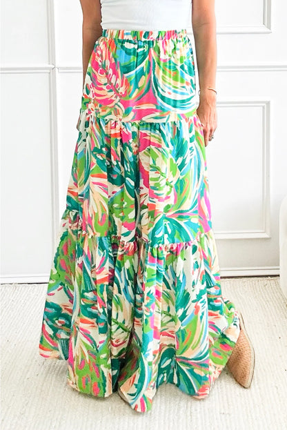 Green Abstract Printed High Waist Tiered Maxi Skirt Green 100%Polyester