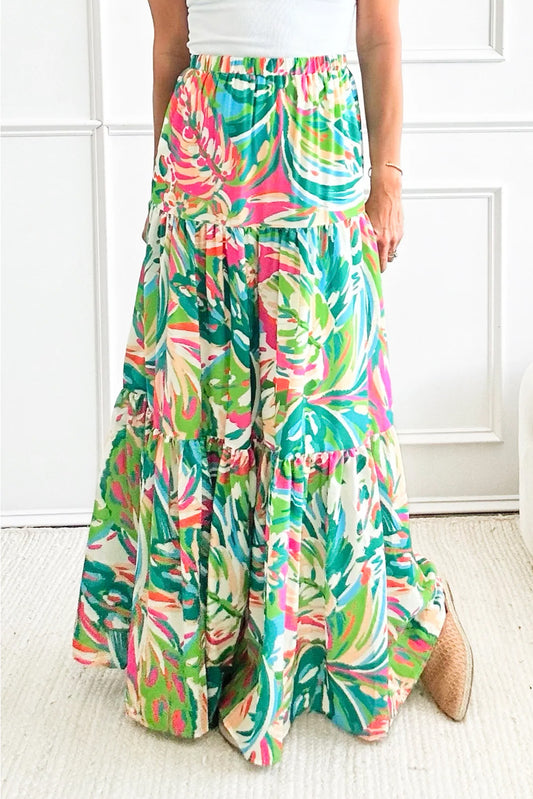 Green Abstract Printed High Waist Tiered Maxi Skirt Green 100%Polyester