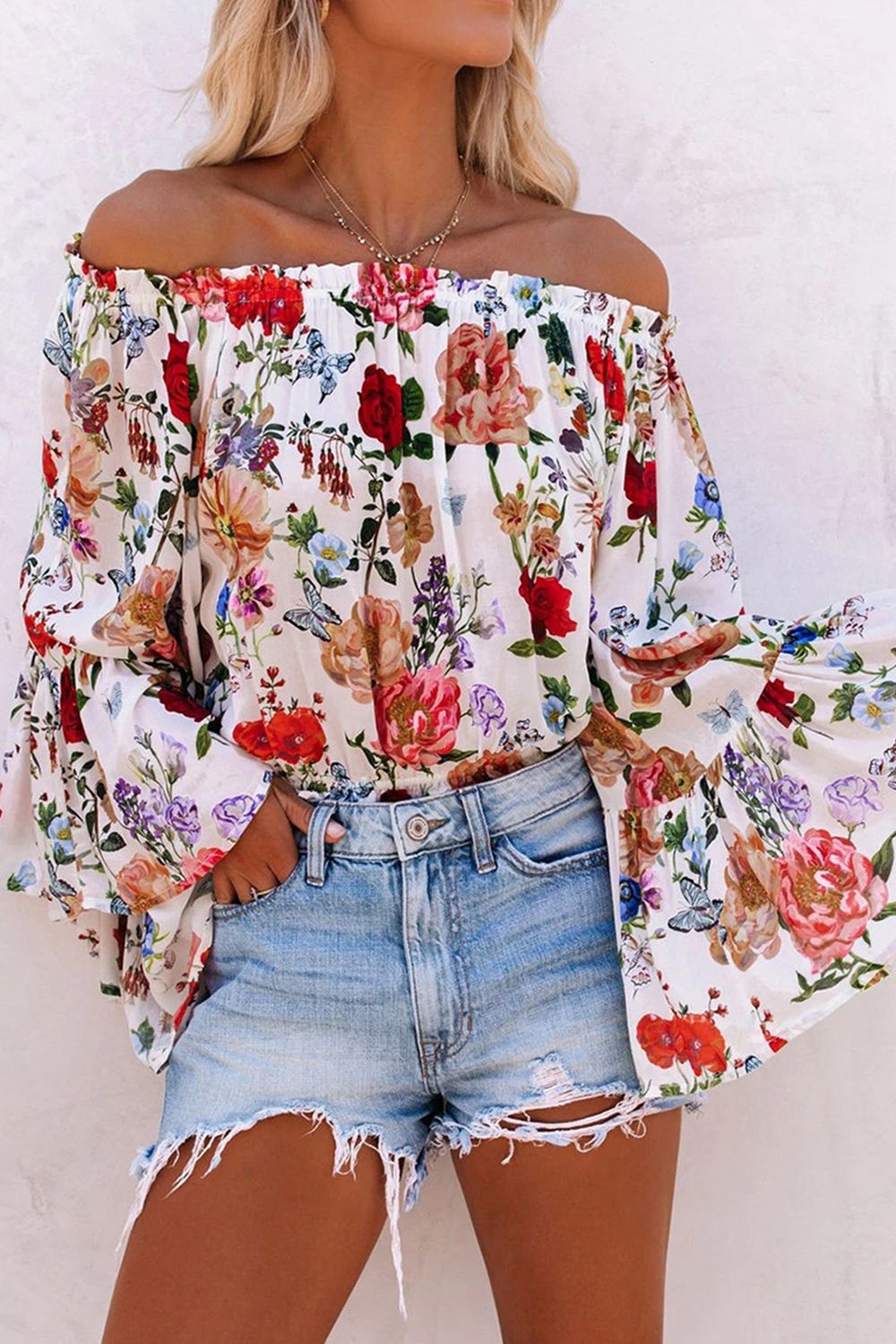 Printed Off Shoulder Flare Sleeve Blouse Floral