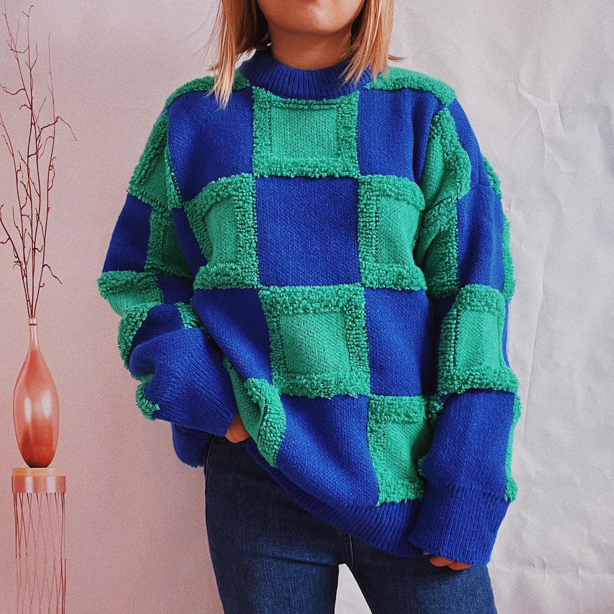 Checkered Round Neck Long Sleeve Sweater Teal