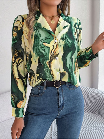 Printed Button Up Long Sleeve Shirt Yellow-Green