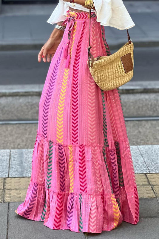 Pink Boho Printed Tasseled Drawstring Ruffled Maxi Skirt Pink 100%Polyester